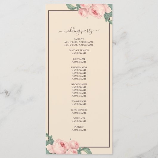 Chic Floral  roze roze ivoor bruiloft Programmakaart (Achterkant)