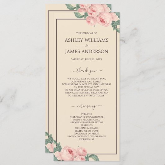 Chic Floral  roze roze ivoor bruiloft Programmakaart (Voorkant / Achterkant)