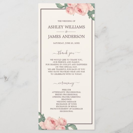 Chic Floral Roze Roze Roos Wit Bind Programmakaart (Voorkant)