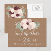 Chic Floral Save the Date - Donkere wijn accent Aankondigingskaart (Voorkant / Achterkant)