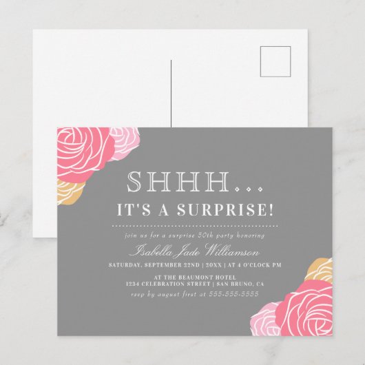 Chic Floral Shh..Het is een verrassingsverjaardags Uitnodiging Briefkaart (Voorkant / Achterkant)