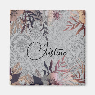 Chic Floral Silver Damask gepersonaliseerd Magneet