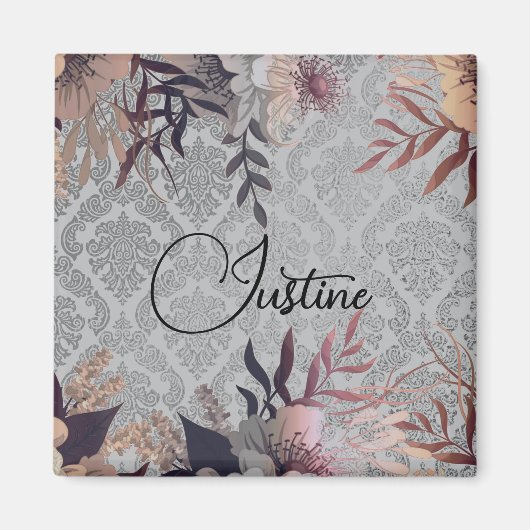 Chic Floral Silver Damask gepersonaliseerd Magneet (Voorkant)