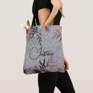 Chic Floral Silver Damask gepersonaliseerd Tote Bag