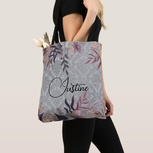 Chic Floral Silver Damask gepersonaliseerd Tote Bag (Dichtbij)