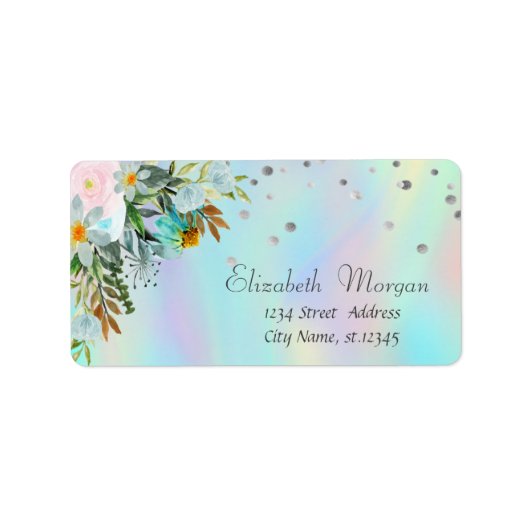 Chic Floral Stippen Holographic Iridescent Etiket (Voorkant)
