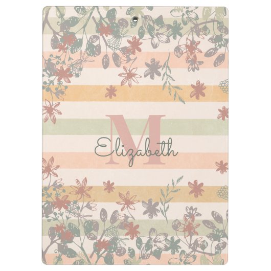 Chic Floral Stripes met monogram Naam toevoegen Klembord (Achterkant)