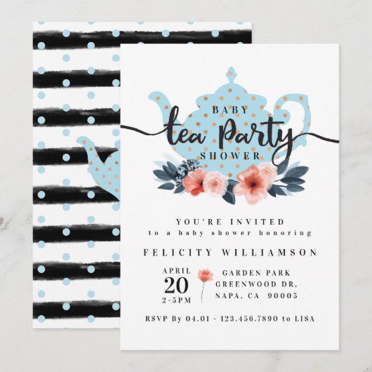 Chic Floral Tea Party Boy Baby shower Kaart (Voorkant / Achterkant)
