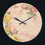 Chic  Floral Wall Clock Grote Klok<br><div class="desc">Romantisch en nostalgisch ontwerp met tekst uit de Franse advertentie,  heirloom-rozen in geel en roze,  en gegraveerd op een licht verouderde roze achtergrond.</div>