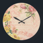 Chic  Floral Wall Clock Grote Klok<br><div class="desc">Romantisch en nostalgisch ontwerp met tekst uit de Franse advertentie,  heirloom-rozen in geel en roze,  en gegraveerd op een licht verouderde roze achtergrond.</div>