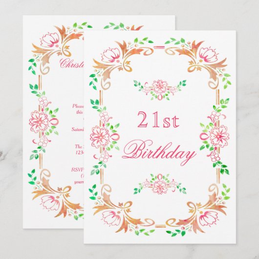 Chic Floral Waterverf 21e verjaardag Dubbelzijdig Kaart (Voorkant / Achterkant)