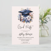 Chic Floral Waterverf Blauw Graduation Cap Party Kaart (Staand voorkant)