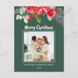 Chic Floral Waterverf Poinsettia Foto Kerst Feestdagenkaart