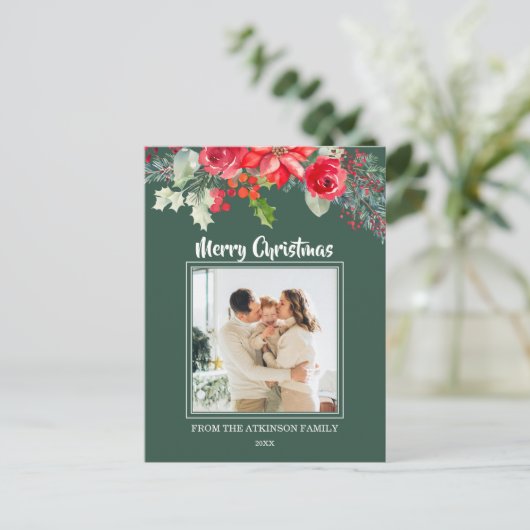 Chic Floral Waterverf Poinsettia Foto Kerst Feestdagenkaart (Staand voorkant)