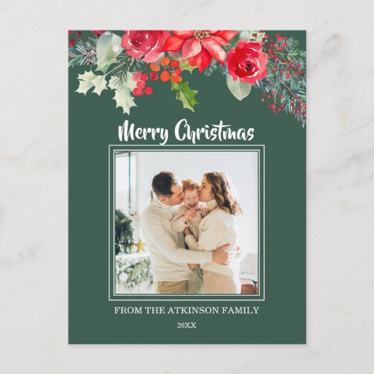 Chic Floral Waterverf Poinsettia Foto Kerst Feestdagenkaart (Voorkant)