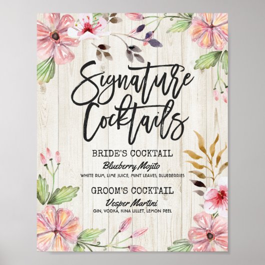 Chic Floral Wedding Signature Cocktail Drink Menu Poster (Voorkant)