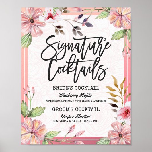 Chic Floral Wedding Signature Cocktail Drink Menu Poster (Voorkant)