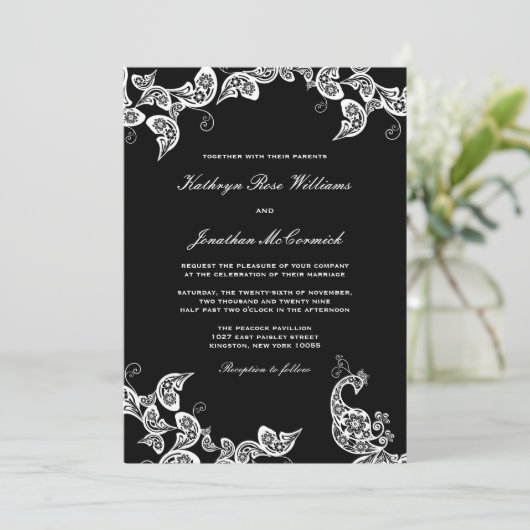  Chic Floral White Peacock Wedding Invite Kaart (Staand voorkant)