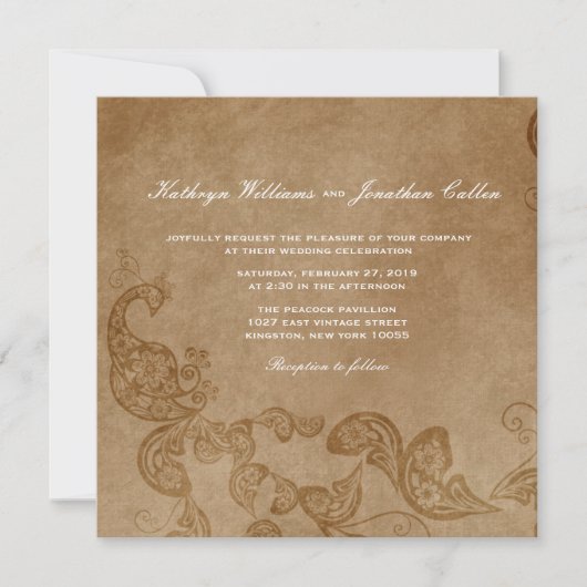 Chic Floral White Peacock Wedding Invite Kaart (Voorkant)