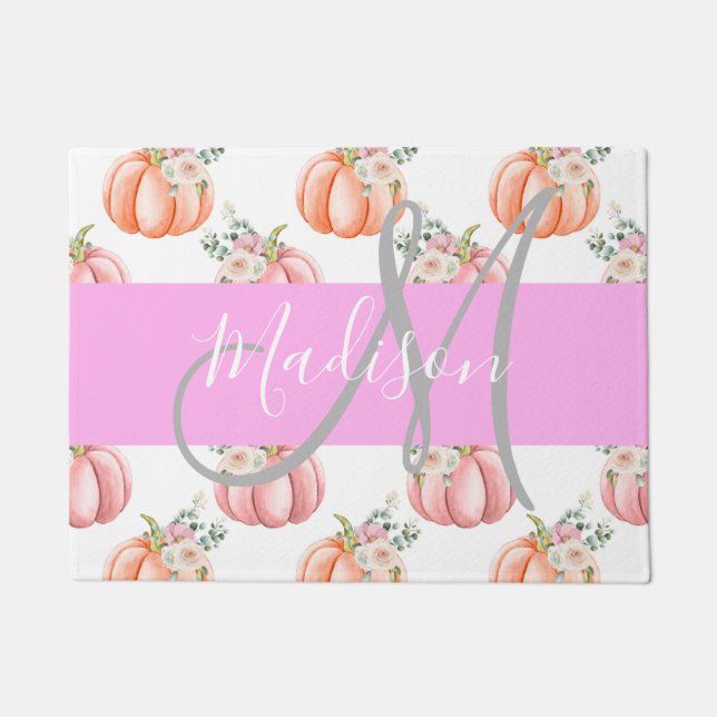 Chic Floral White Pink Peach Pumpkin Monogram Naam Deurmat (Voorkant)