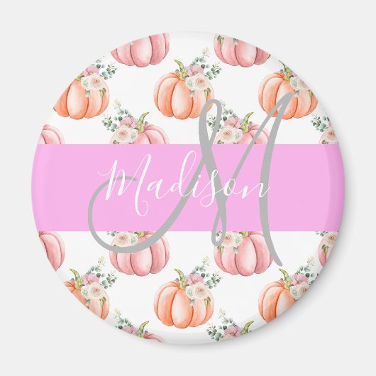 Chic Floral White Pink Peach Pumpkin Monogram Naam Magneet (Voorkant)