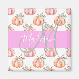 Chic Floral White Pink Peach Pumpkin Monogram Naam Magneet