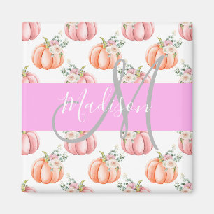 Chic Floral White Pink Peach Pumpkin Monogram Naam Magneet