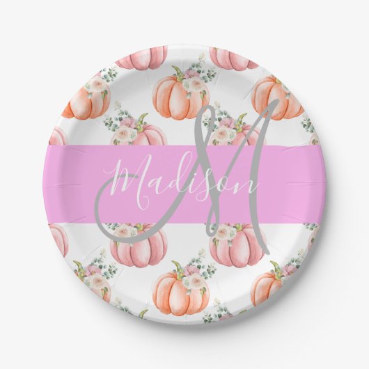 Chic Floral White Pink Peach Pumpkin Monogram Naam Papieren Bordje (Voorkant)