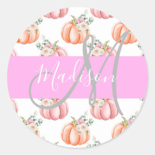 Chic Floral White Pink Peach Pumpkin Monogram Naam Ronde Sticker