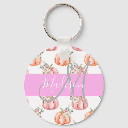 Chic Floral White Pink Peach Pumpkin Monogram Naam Sleutelhanger (Voorkant)