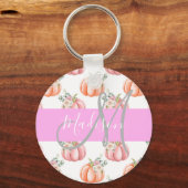 Chic Floral White Pink Peach Pumpkin Monogram Naam Sleutelhanger (Voorkant)