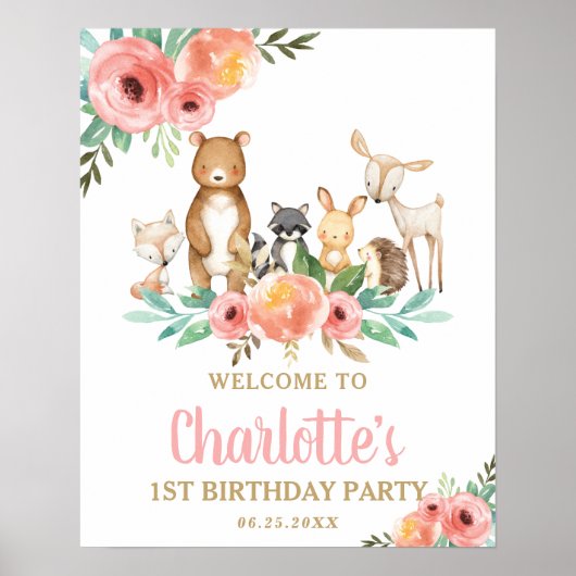 Chic Floral Woodland Animals 1e verjaardag Poster (Voorkant)