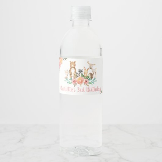 Chic Floral Woodland Animals Baby shower Verjaarda Waterfles Etiket (Voorkant)