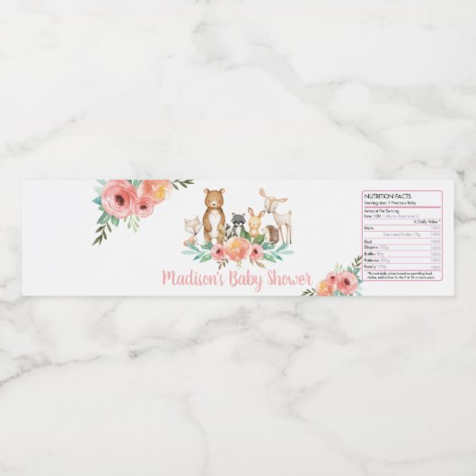 Chic Floral Woodland Animals Baby shower Verjaarda Waterfles Etiket (Enkel label)