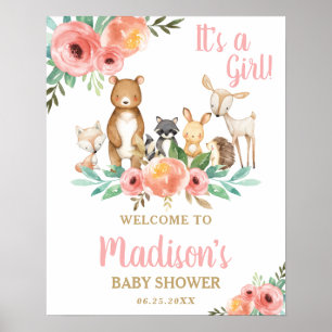 Chic Floral Woodland Animals Baby shower Welkom Poster