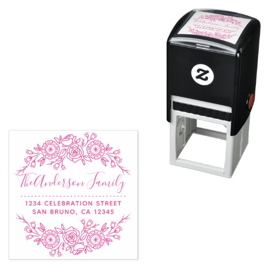 Chic Floral Wreath | Terugkeeradres Fuchsia Script Zelfinktende Stempel (In situ)