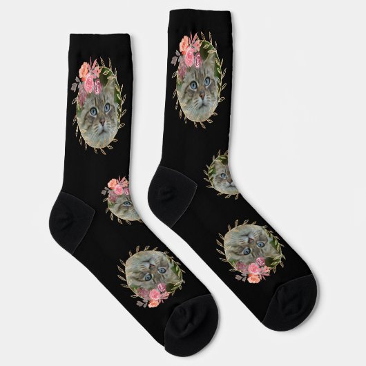 Chic Floral Wreator met foto's Pet Cat Black Sokken (Rechts)