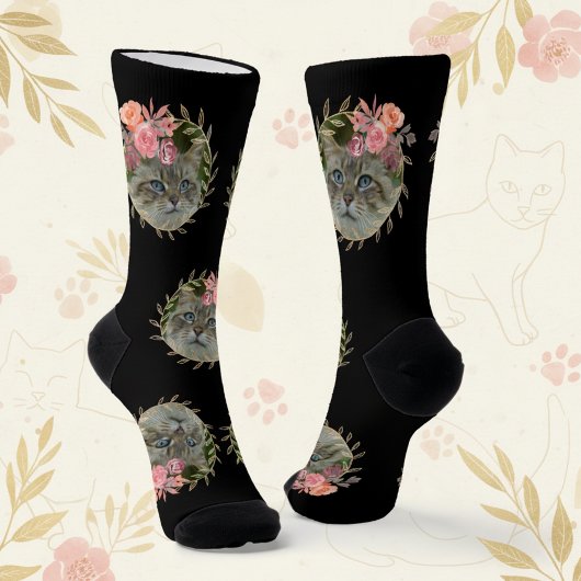 Chic Floral Wreator met foto's Pet Cat Black Sokken