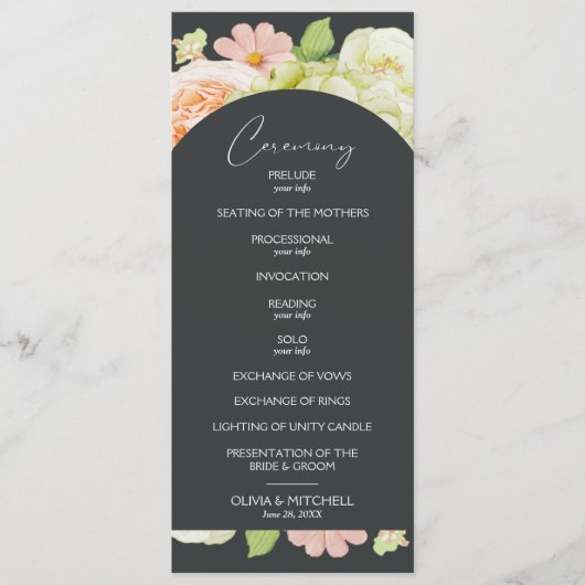 Chic Florals Dark Wedding Ceremony Programmakaart (Voorkant)