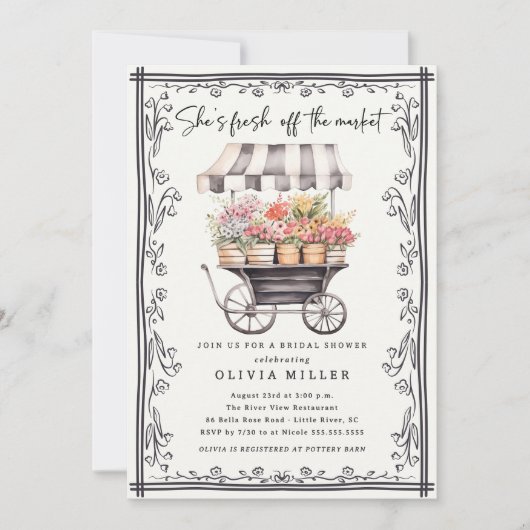 Chic Flower Cart Bruids Douche Uitnodiging (Voorkant)