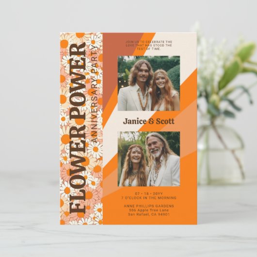 Chic Flower Power Pop 2 Photos Then & Now Wedding  Kaart (Staand voorkant)