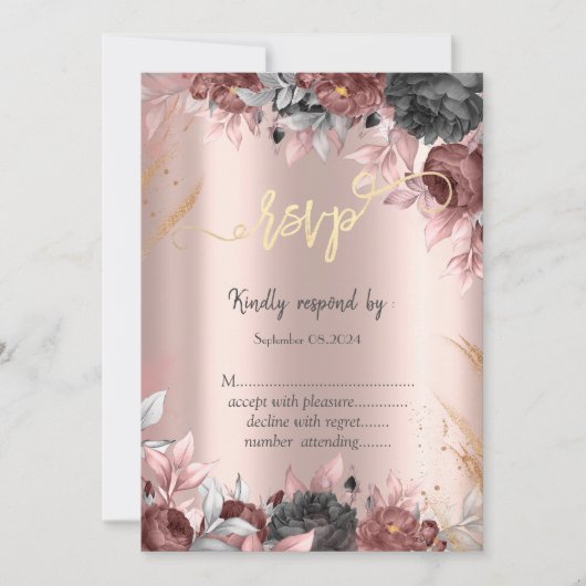 Chic Flowers Dark Rozen Roos Gold RSVP Kaart (Voorkant)