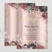 Chic Flowers Dark Rozen Roos Gold RSVP Kaart (Voorkant / Achterkant)