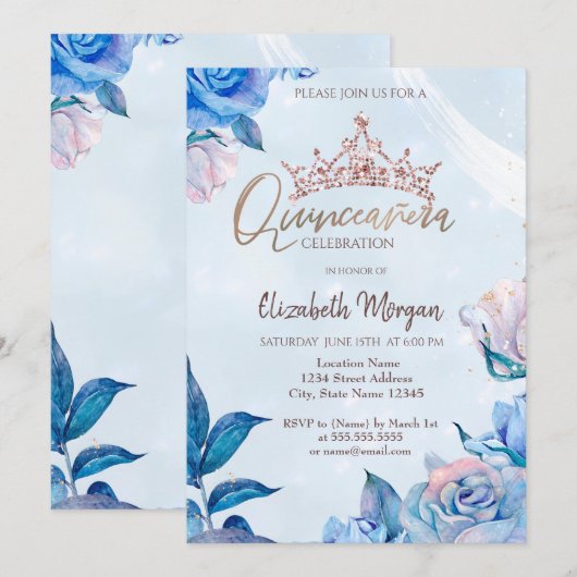 Chic Flowers Glitter Rozen Crown Quinceañera Kaart (Voorkant / Achterkant)