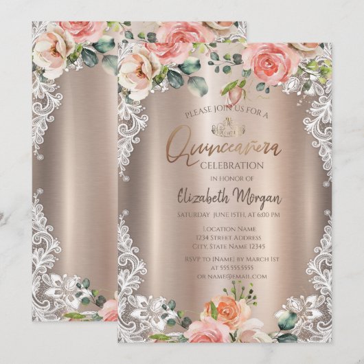 Chic Flowers, Lace, Tiara Quinceañera Kaart (Voorkant / Achterkant)