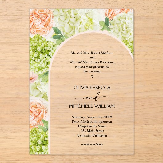 Chic Flowers Pink Arch Wedding Acryl Uitnodigingen (Voorkant)