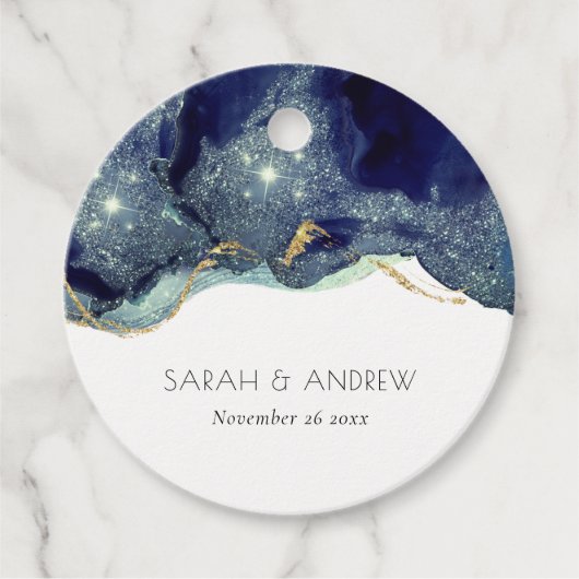 Chic Fluid Abstract Ink Gold Navy Glitter Wedding Bedankjes Labels (Voorkant)