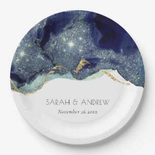 Chic Fluid Abstract Ink Gold Navy Glitter Wedding Papieren Bordje