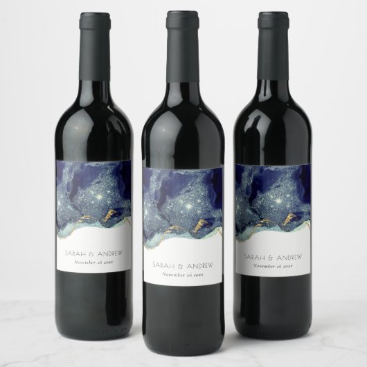 Chic Fluid Abstract Ink Gold Navy Glitter Wedding Wijn Etiket (Flessen)