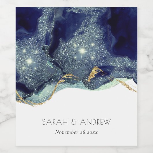 Chic Fluid Abstract Ink Gold Navy Glitter Wedding Wijn Etiket (Enkel label)